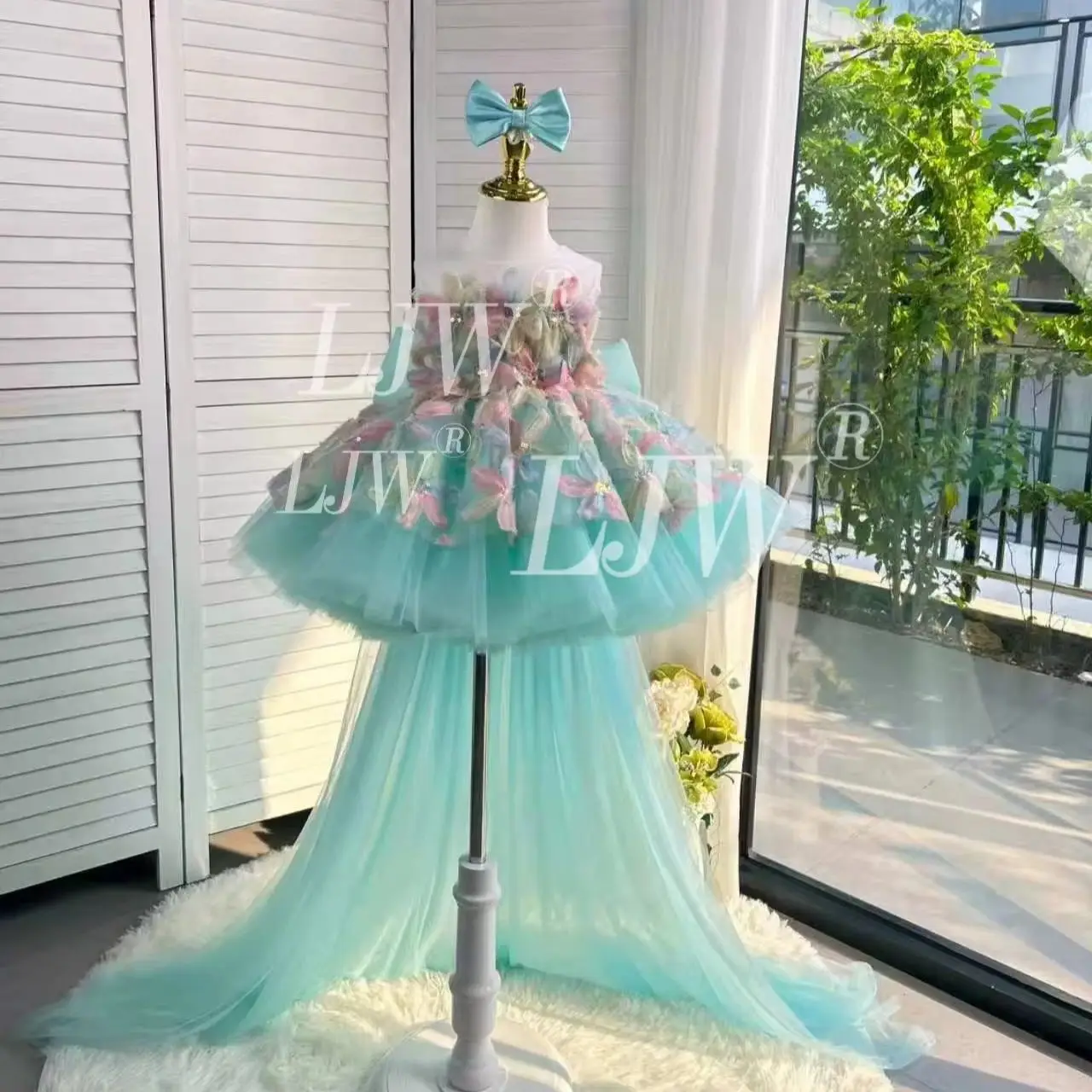 Elegant Mint Green 3D Floral  Long Tail Flower Girl Dress Baby 1st  Birthday Party Wedding Pageant Outfit Host's Piano Performan