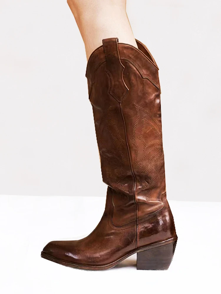Retro Embroidered Western Cowboy Boots High Heel Waterproof Platform Two Layer Cowhide Leather Brown Knight Boots for Women