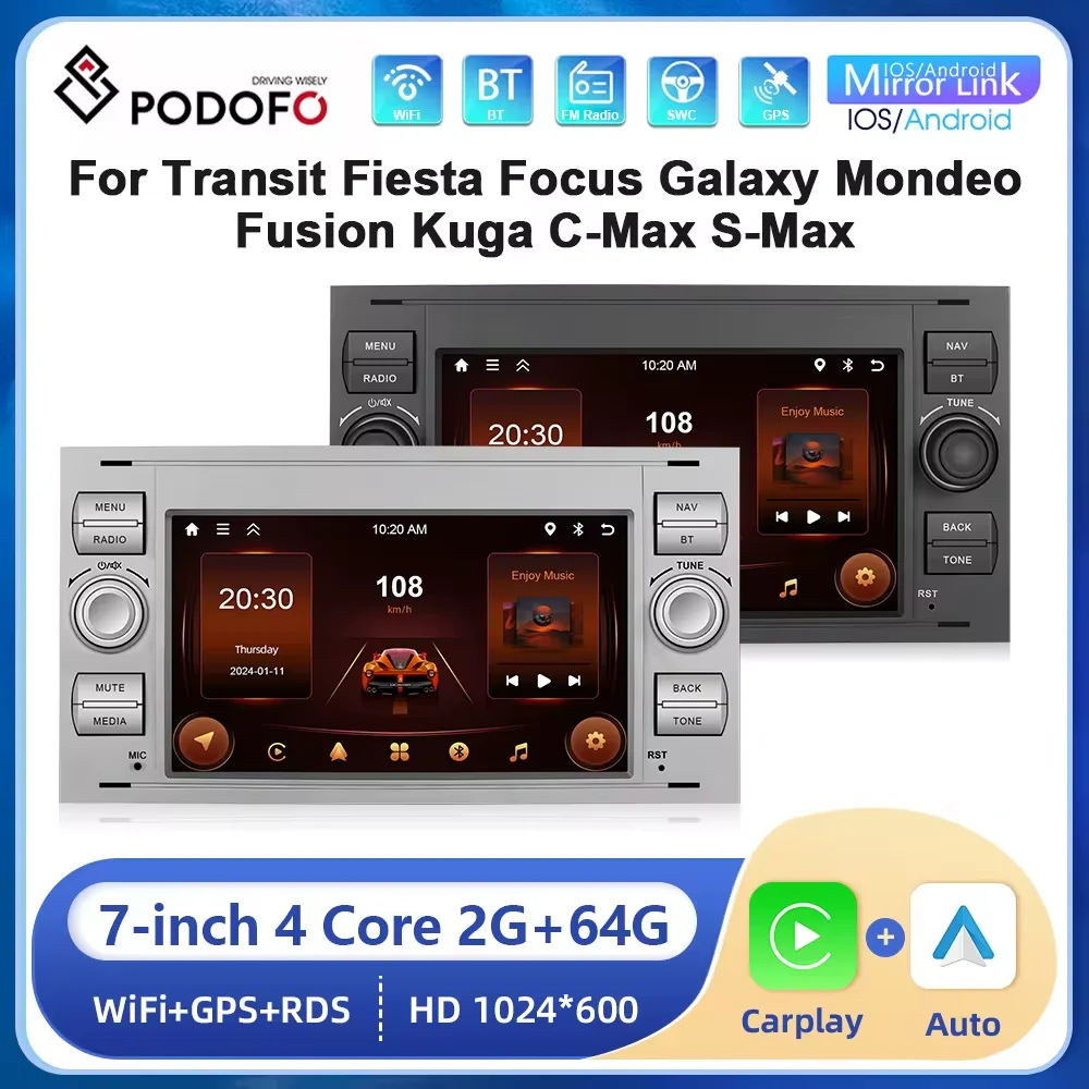 

Podofo 7” Car Radio For Ford Focus Fiesta Galaxy Mondeo Fusion Kuga C-Max S-Max Android GPS Navigation WIFI Carplay Auto Stereo