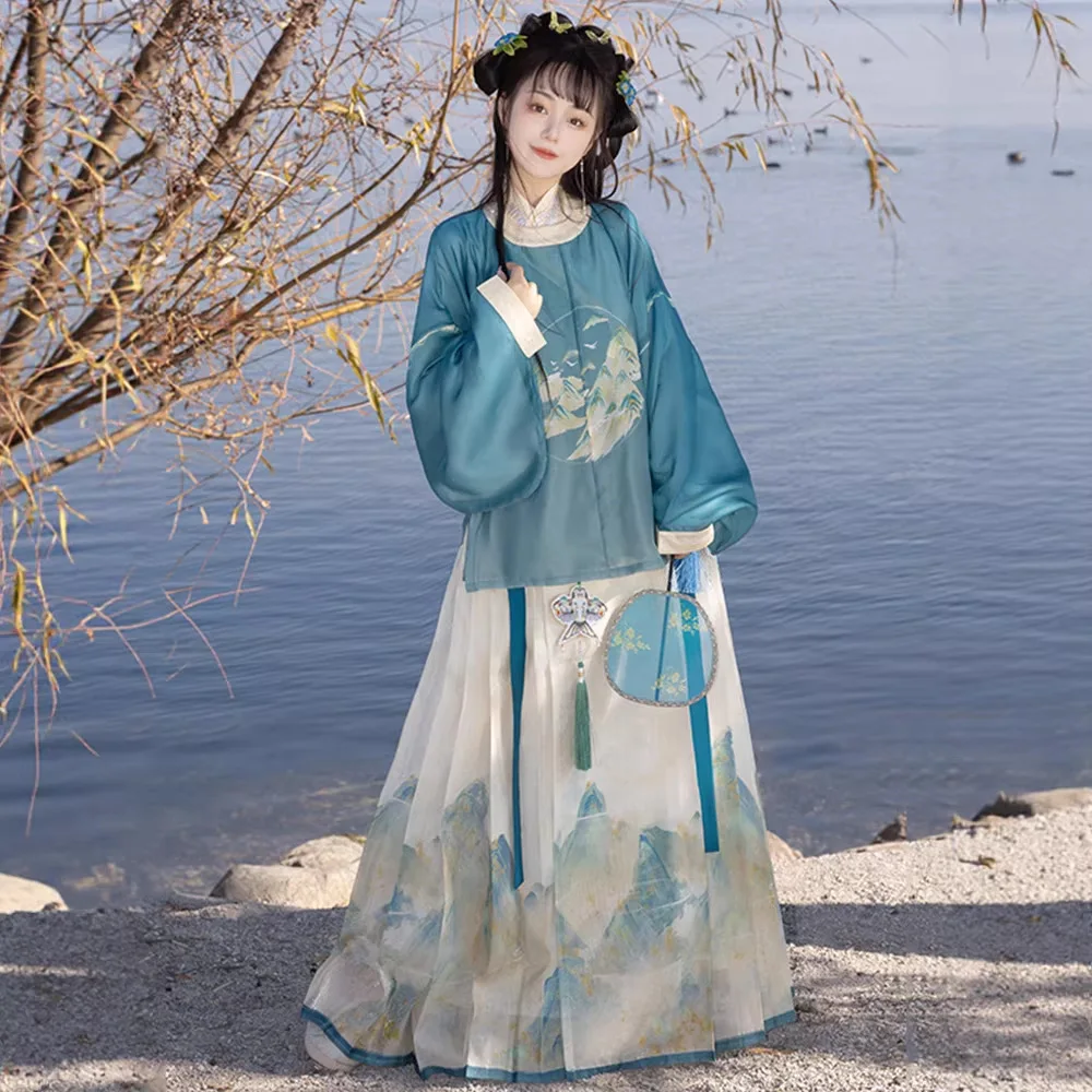 Hanfu women's Ming-made round neck robe horse dress print fresh daily spring and summer