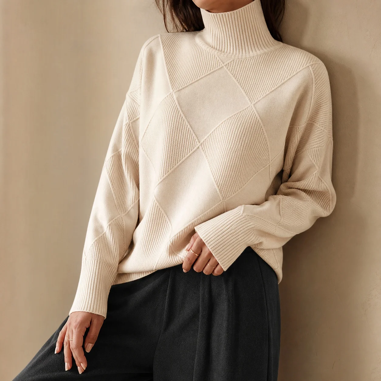 Women's Turtleneck Long Sleeve Loose Fit Thick Tie Dye Sweater 3D Effect Crochet Regular Length Winter Clothing Woman Clothes