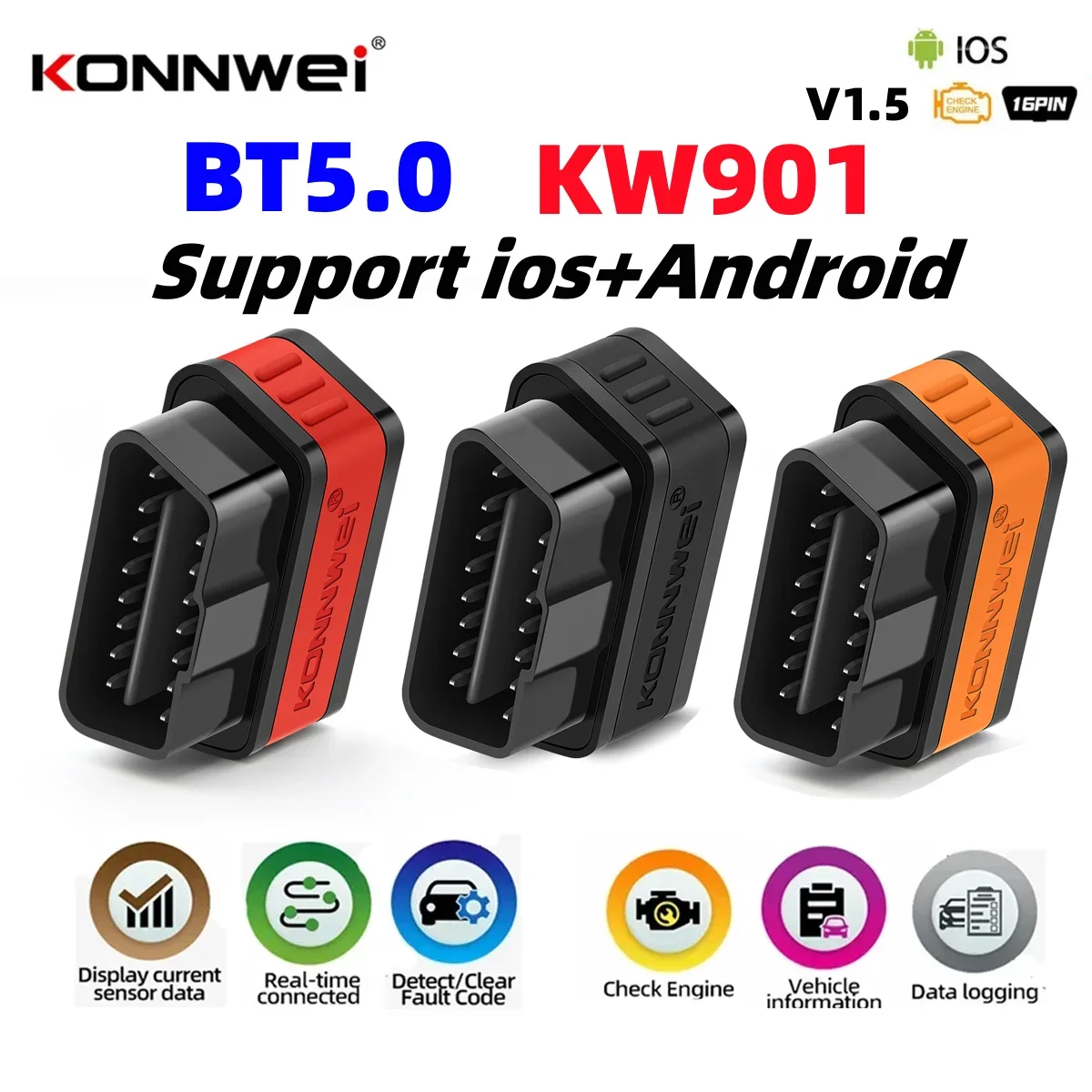 

KONNWEI KW901 Elm327 V1.5 Pic18F25K80 OBD2 сканеры Bluetooth 5,0 для Android/IOS OBD автомобильные диагностические инструменты считыватель кодов PK iCar2