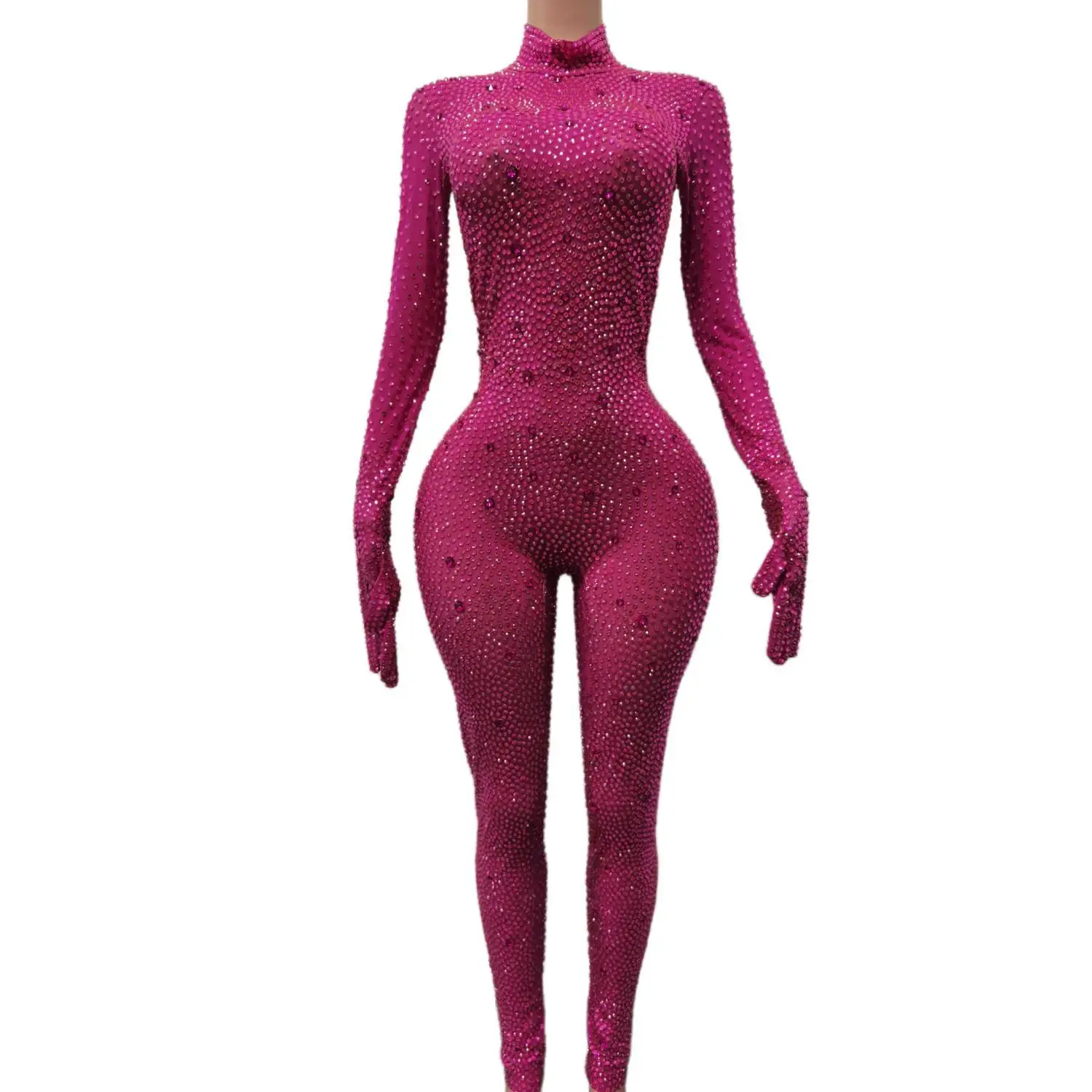 

Women Sexy Sparkly Rose Red Rhinestones Jumpsuit Birthday Party Bodysuit Prom Dresses Pole Dancer Performance Costume Shizuan