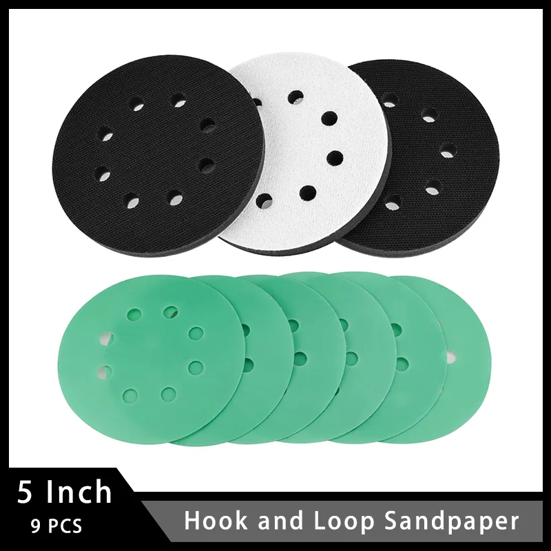 

5 Inch 8 Holes Hook and Loop Sandpaper with Foam Sanding Pad 9 Pcs for Orbital Sander Grinding and Polishing Surface Automobile