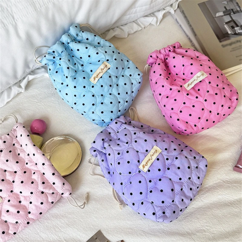 Retro Polka Dot Heart Padded Drawstring Bag Cosmetic Pouch  Skincare Storage Travel Small Accessory Bag For Women