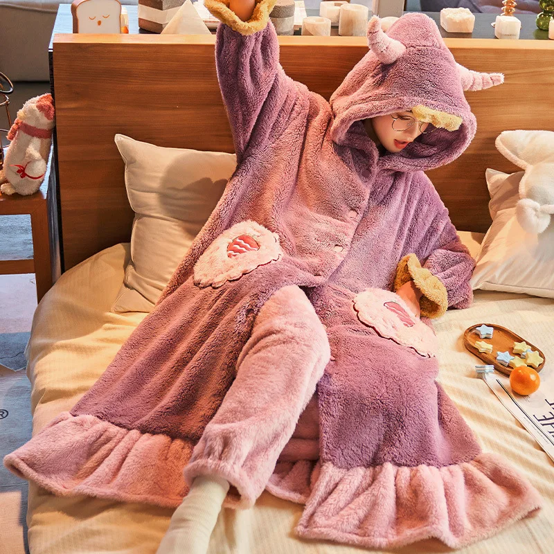 Winter Women Pajamas Lounge Wear Warm Comfy Sleepwear Kawaii Cute Fluffy Flannel Hooded Robe Pants Pajama Set Holiday Home Cloth