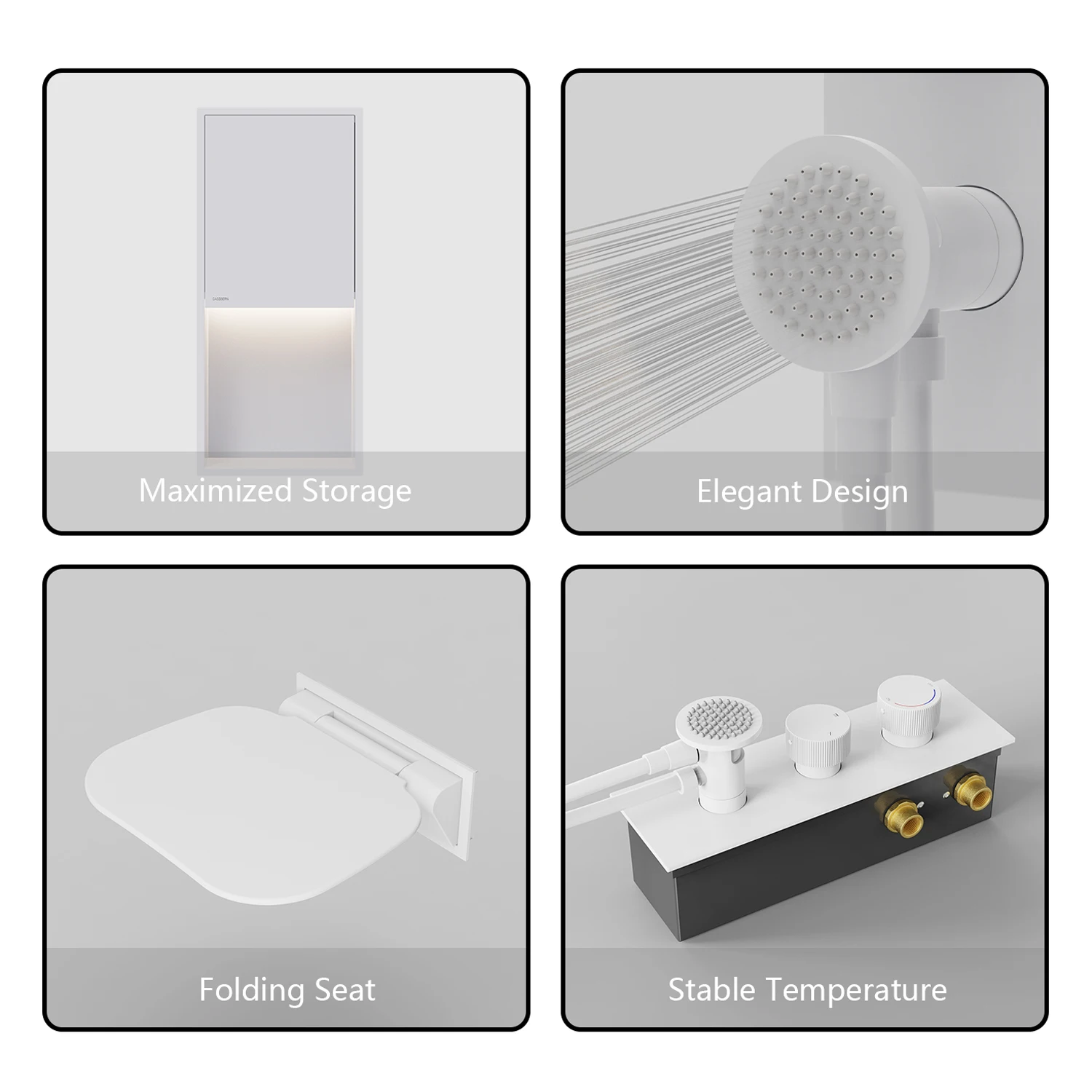 Multifunction Shower Wall Panel Built-in Shower Niche Rain Shower Head And Foldable Bath Seat 3-in-1 Solution