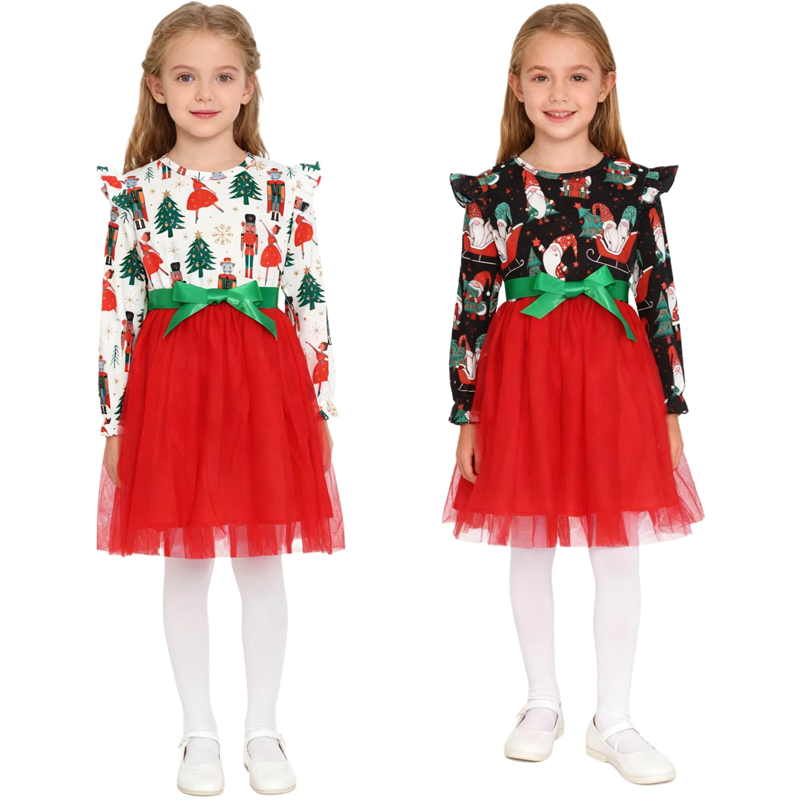Girls Christmas New Year Party Tutu Dress Long Sleeve Xmas Element Print Multi-Layered Tulle Princess Gown with Ribbon Belt