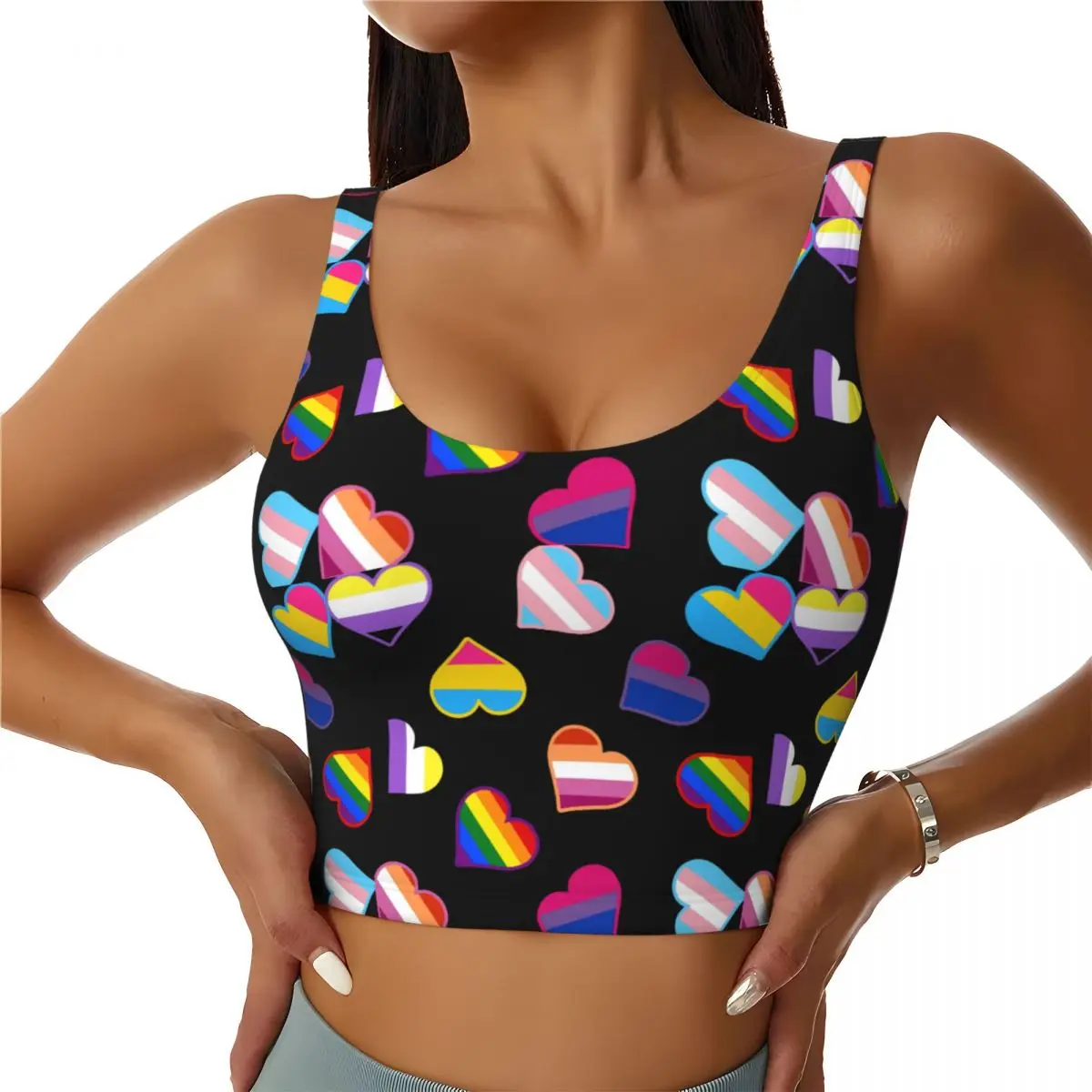 Custom High Impact Pride Flags Hearts Sports Bra for Women LGBT Gay Pride GLBT Gym Workout Yoga Crop Top