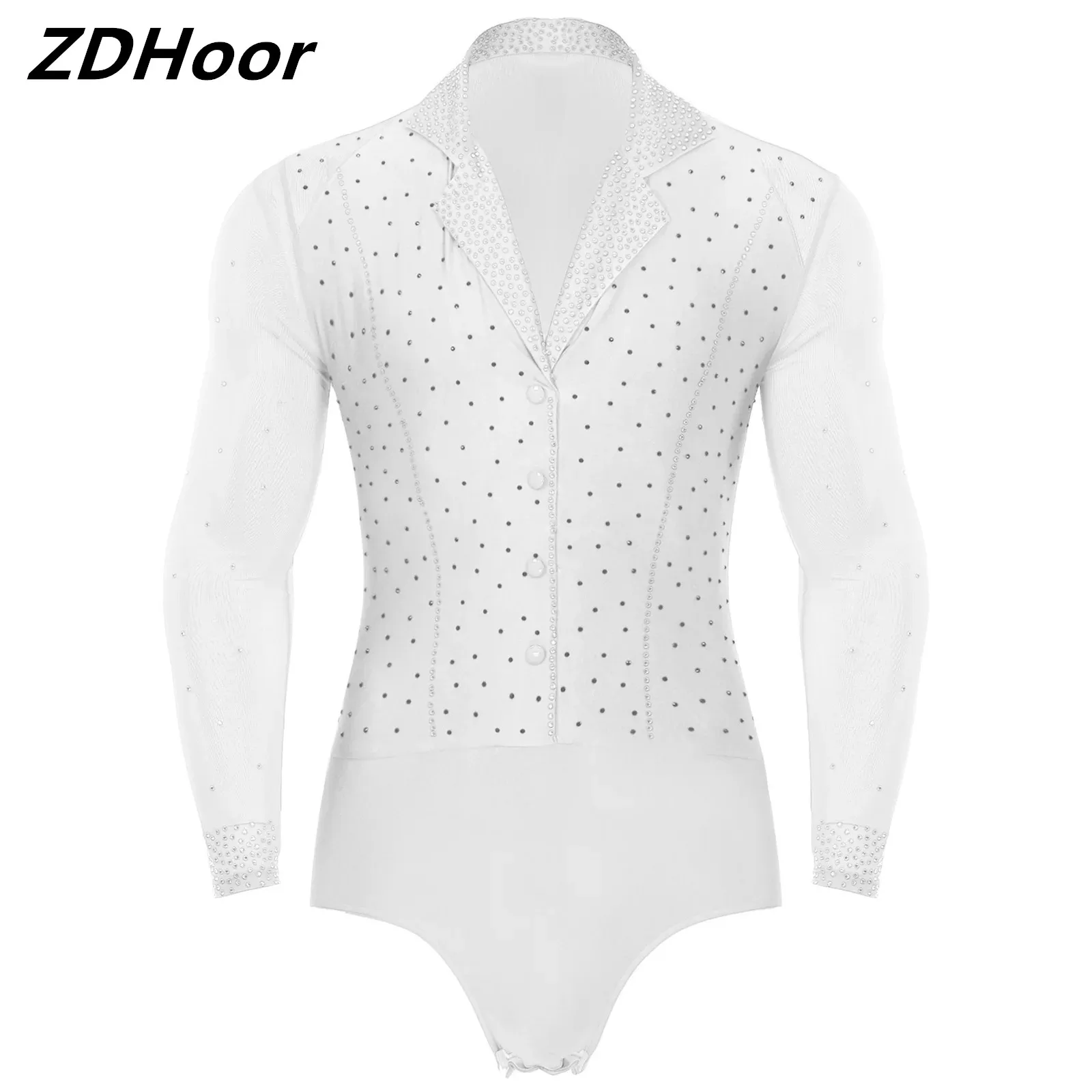 

Mens Patchwork Latin Dance Leotard Tango Ballroom Bodysuit Lapel Collar Sheer Mesh Long Sleeve Sparkly Rhinestone Bodysuit