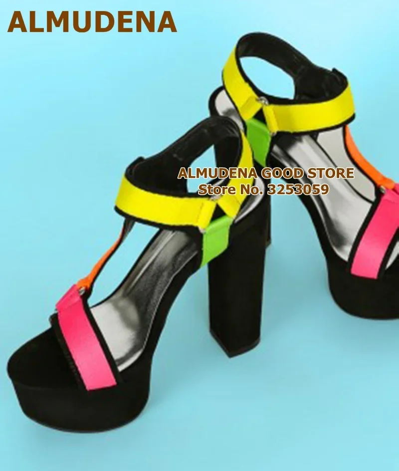 ALMUDENA Mixed Color Patchwork Chunky Heel Sandals Triangle Buckle Strap Pumps Neon Yellow Pink Multi Platform Wedding Shoes