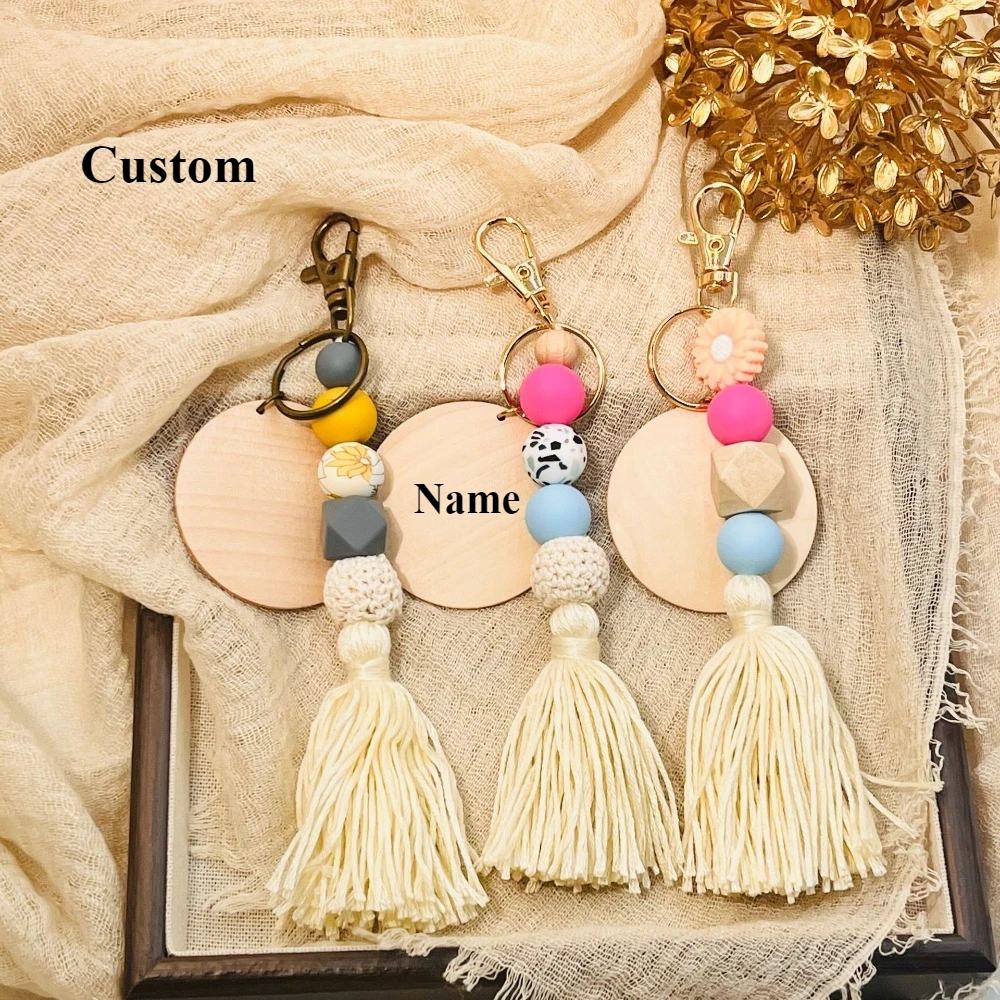 

Customized Round Wooden Bead String Color Keychain Pendant Silicone Tassel Bagpack Car Key Creative Keyrings Name Date Gift