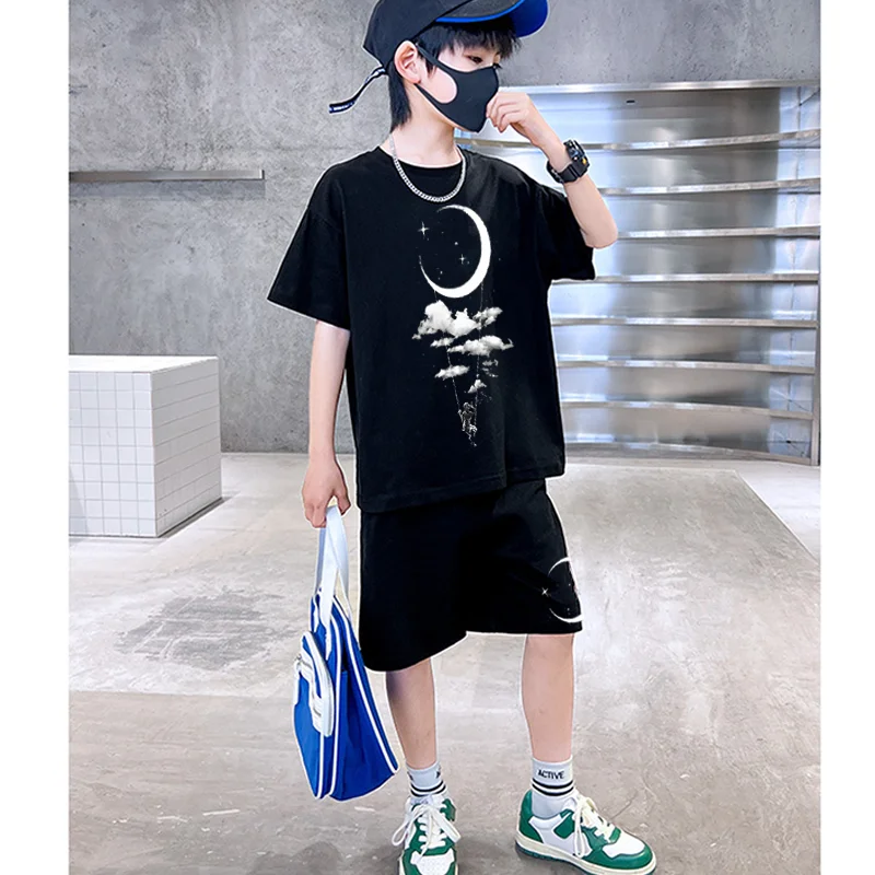 جديد مضحك فتاة القمر الطباعة الاطفال تي شيرت دعوى 100% القطن الأطفال قصيرة الأكمام السراويل الفتيان الفتيات لطيف تي شيرتات ورق الرسم البياني الملابس