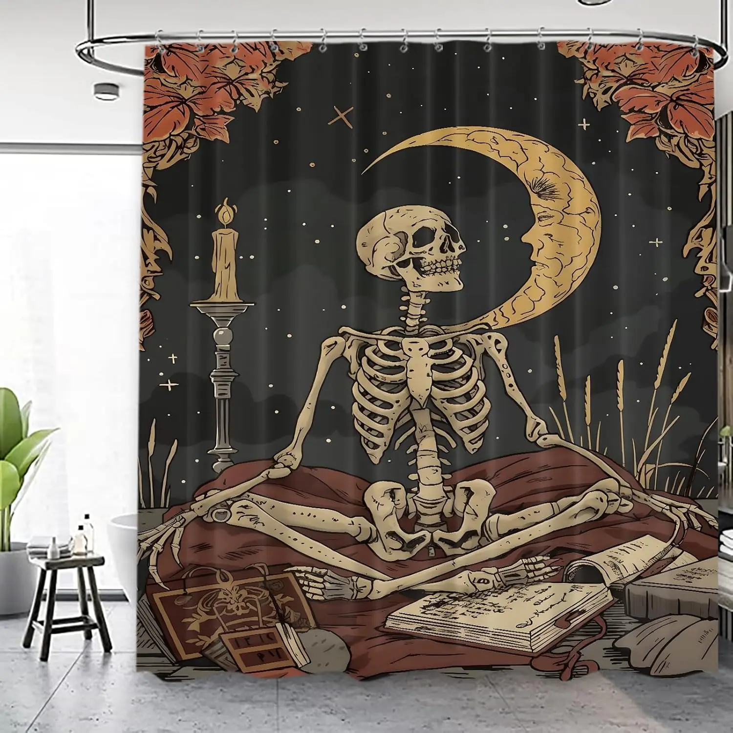 Halloween Skull Reader Shower Curtain Skeleton Witchy Gothic Black Starry Sky Funny Reading Horror Moon Bathroom Accessories