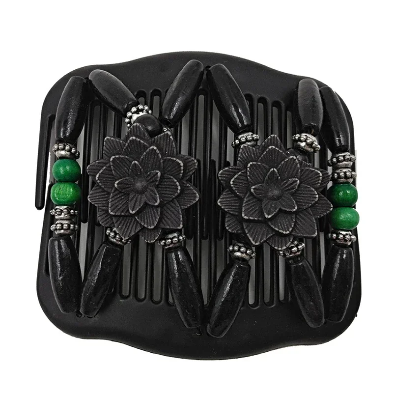 أمشاط شعر بلاستيكية سهلة المشبك، أمشاط تمديد مزدوجة مع خرزة خشبية، زهرة، إكسسوار للشعر لأنماط الشعر، شعر كثيف ورقيق