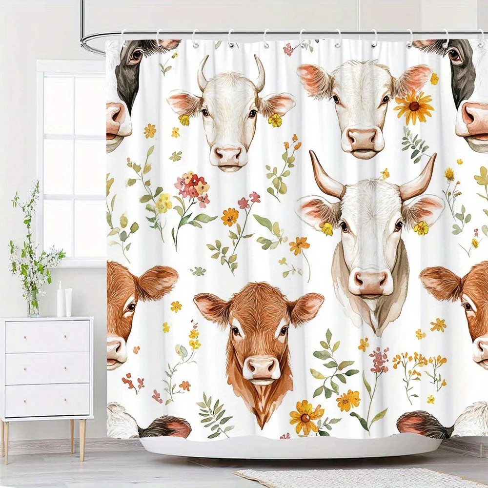 1pc Watercolor Cow & Floral Shower Curtain - Vibrant Realistic Design, Polyester, 70x70In, 12 Hooks, Easy Care, All-Season