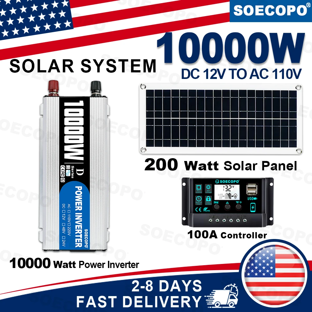 SOECOPO 10000W Peak Complete Solar System Kit, 200W Flexible Photovoltaic Solar Panel + 1100W Rated Power Inverter + 100A LCD Charge Controller, DC 12V To AC 110V, US Local Warehouse Fast 2-8 Days Domestic Delivery for RV & Off-Grid Household Use
