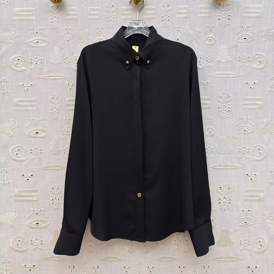 

Элегантная модная однотонная ацетатная рубашка для женщин с отложным воротником, длинными рукавами, золотыми пуговицами, свободного кроя, в винтажном стиле, шикарная блузка