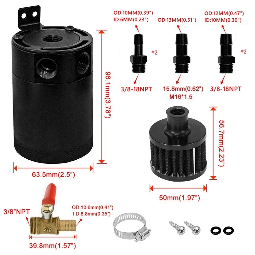 Universal Racing Baffled Oil Catch Can Tank 2-Port/ 3-Port Reservoir with Drain Valve Breather Cylinder Filter Kit Aluminum