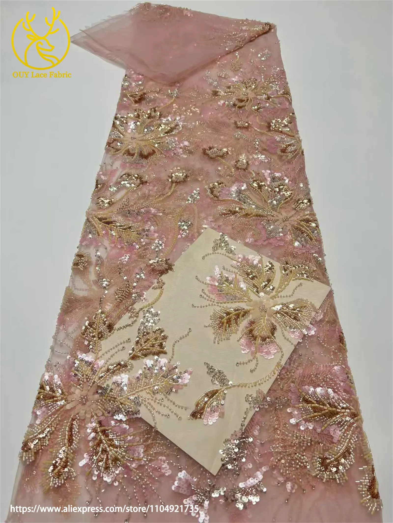 Afrikanischer Netz-Stickerei-Pailletten-Spitzenstoff 2026 Luxuriöser Französischer Tüll Perlenbesetzter Stoff für Damen-Partykleider Nähstoff 5 Yards – Detail 15