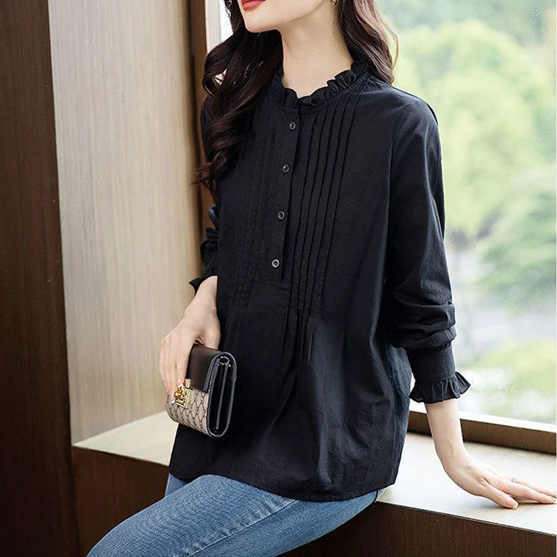 Women Korean Fashion Ruffled Elegant Blouse Spring Autumn Vintage Long Sleeve Shirts Casual Black Tunic Tops Loose Blusas Mujer