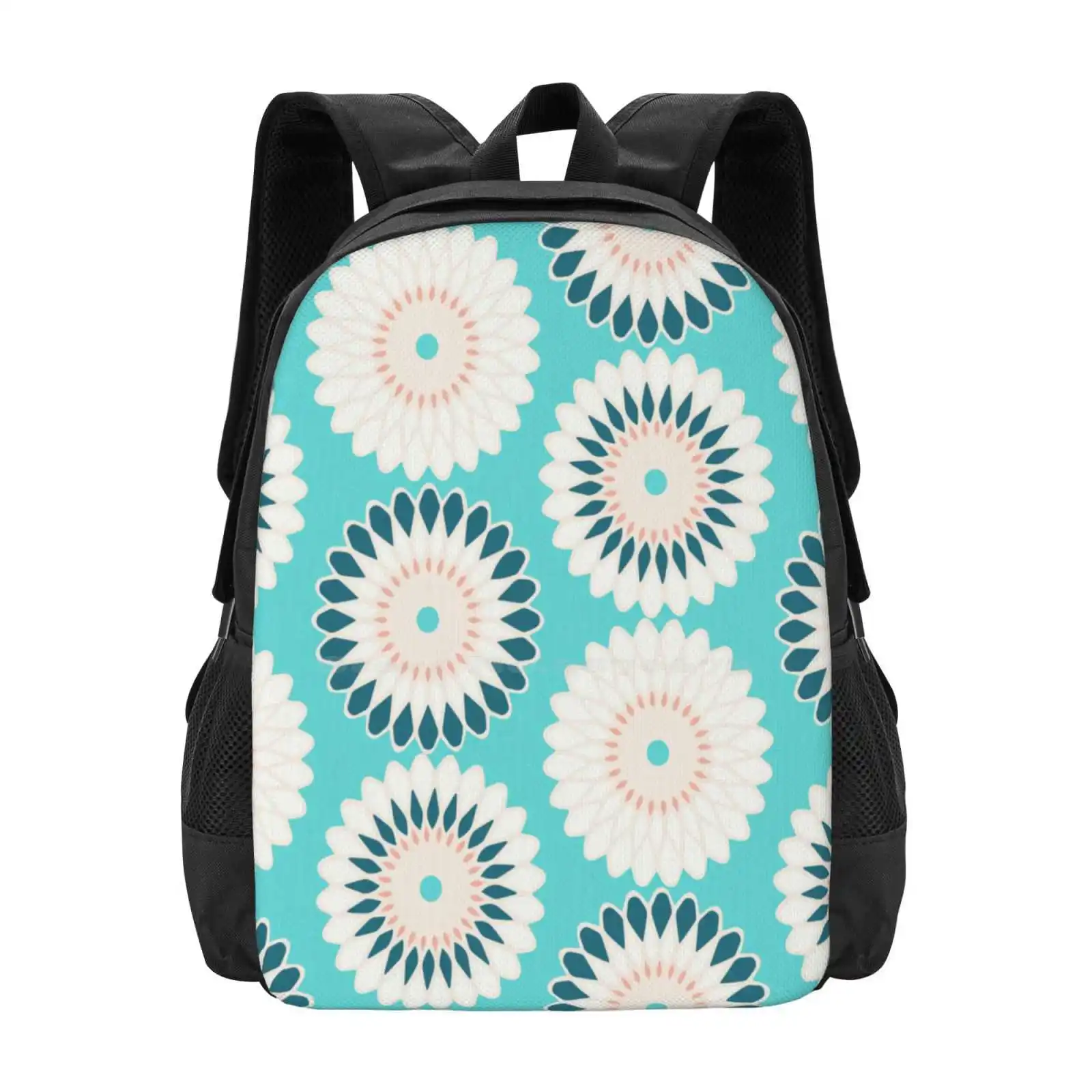 Large Multicolor Stylized Daisies On A Turquoise Background Hot Sale Schoolbag Backpack Fashion Bags Cute Teal White Flowers