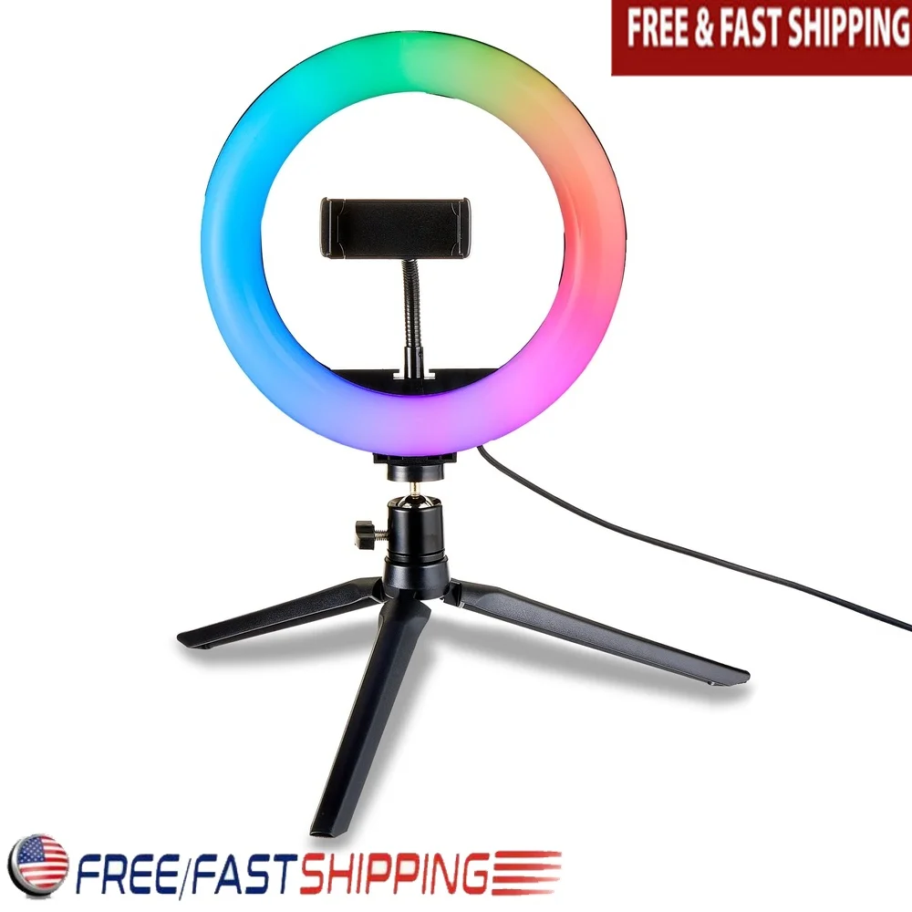 

8 Inch Tabletop RGB Ring Light with Tripod 13 Brightness Levels 20 Light Modes Bluetooth Remote Control Phone Holder Included