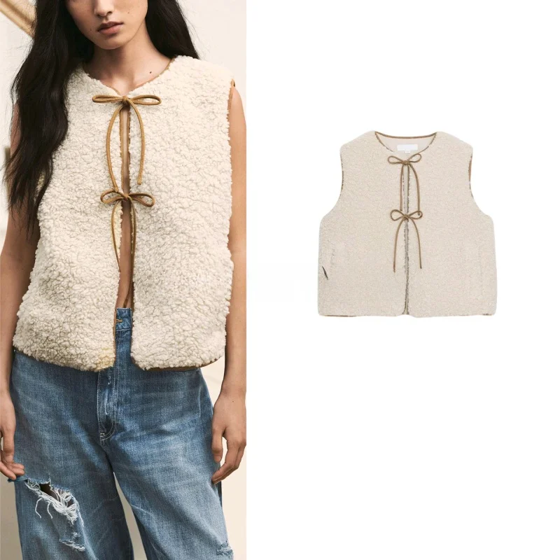 

Autumn New Arrival Women's Casual Sle round Ne Svel Knot Decorated Lamb Fur Vest Commute Polyester Fiber