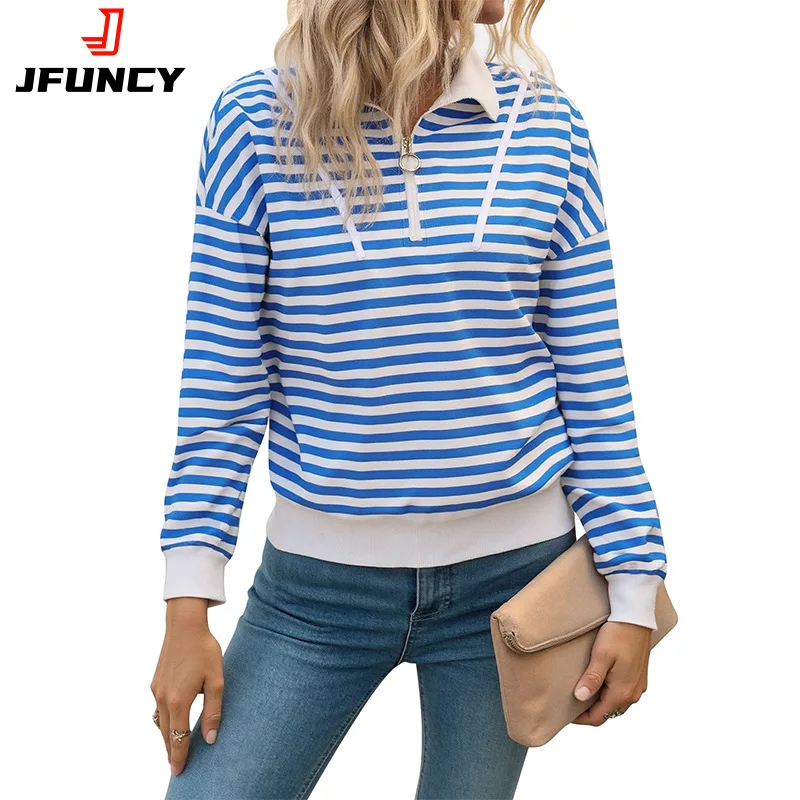 

Women Striped Pullover Hoodie Loose Long Sleeve Autumn Winter Casual Zipper Polo Collar Sweatshirt