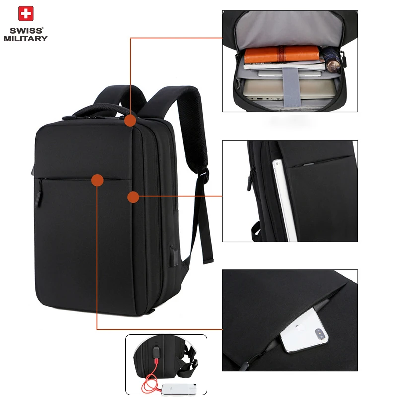 SWISS MILITARY Backpack Men Business Travel Laptop Back Pack Male USB Charging School Handbag Waterproof Bag for Couple Mochila