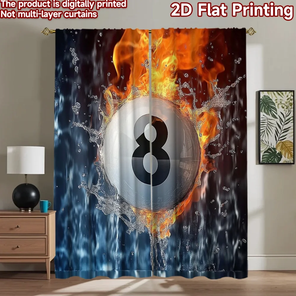 2D flat 2pcs Curtain Home Short Curtains Flaming Eight Ball Splash Digitally printed polyester Holiday Decorations for Holiday