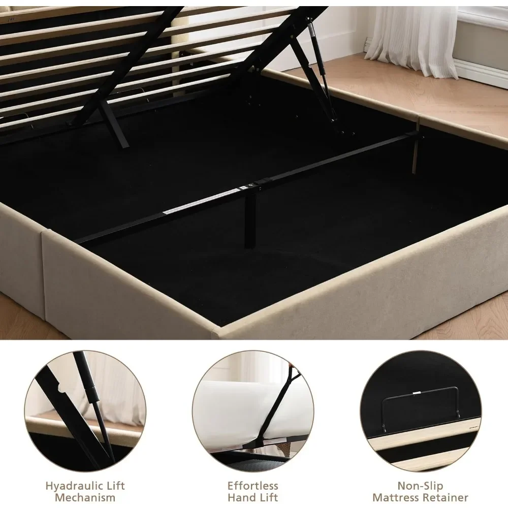 Lift Up Storage Bed, Soft Upholstered Beds with Hydraulic Mechanism,Gas Lift Up Storage Bed with Headboard and Under Bed Storage