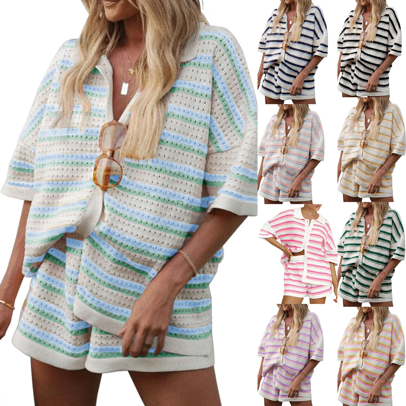 Summer Women 2 Pieces Pajamas Set Loungewear Stripe Contrast Color Button Crochet Knit Tops and Shorts Sets Sleepwear