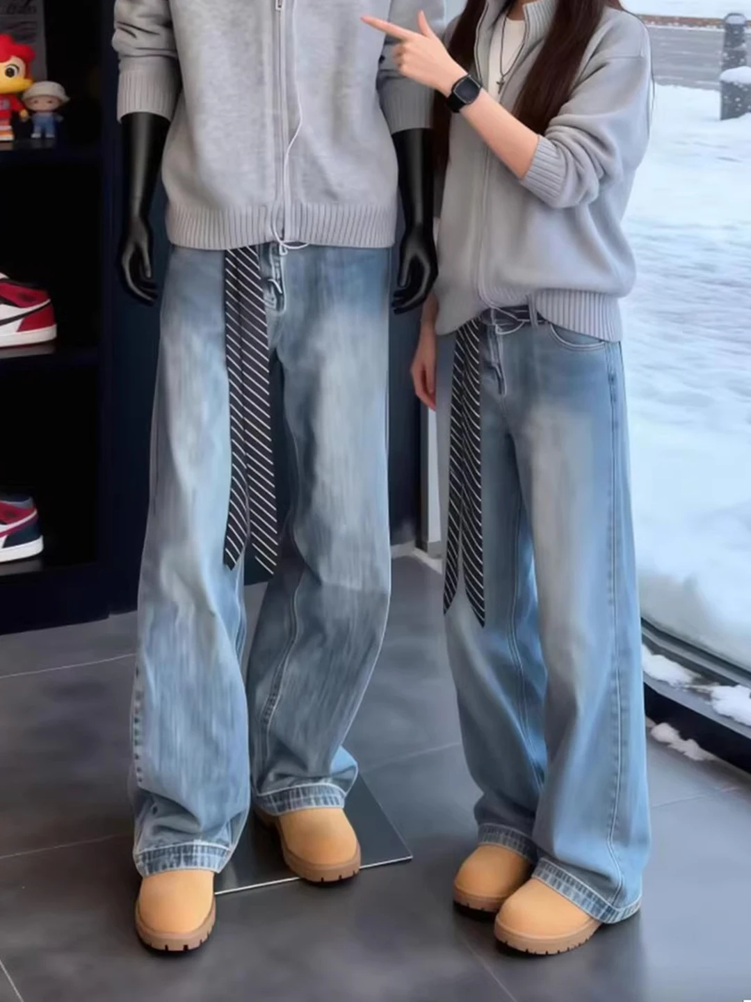 

Retro Blue Bamboo Knot Patterned Men's Spring Autumn Washed Flared Leg Jeans American High Street Vibe Casual Comfortable Fit