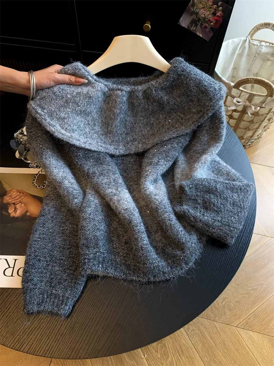 Women Grey Pullover Sweater Y2k Gyaru Vintage Y2k Gyaru Oversize Long Sleeve Knitwear Sweater Korean Style Knit Top for Women