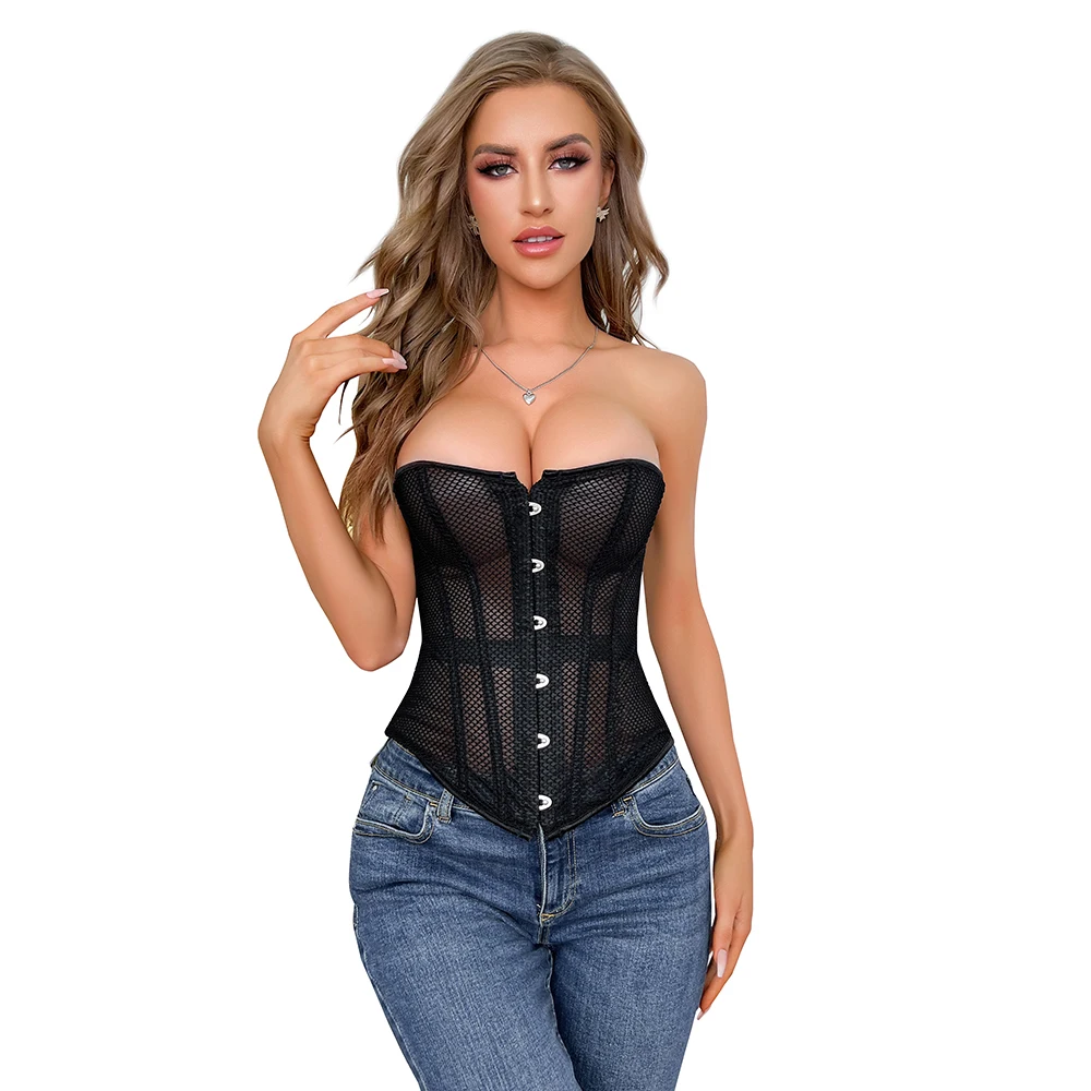 Black Women\'s Breathable Bustier Top Costumes Sexy Transparent Mesh Corselet Hollow Out Corset