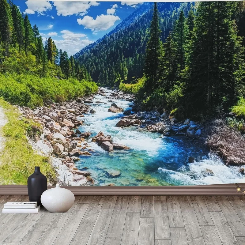 VIKAMA Tapiz con vista a la montaña y bosque natural, bosque de pines, tapiz de arroyo, paisaje de valle, decoración del hogar, lavable a máquina