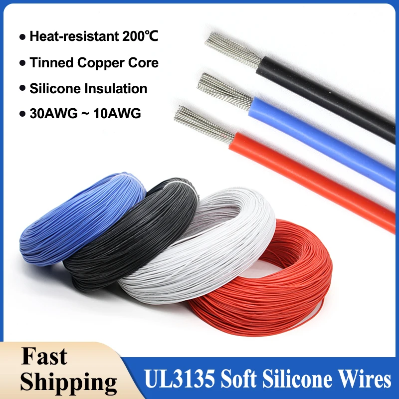 

1m ~ 20m UL3135 Silicone Wire 30/28/26/24/22/20/18/16/14/12/10 AWG Soft High Temperature Resistant Cable Car Battery Automotive