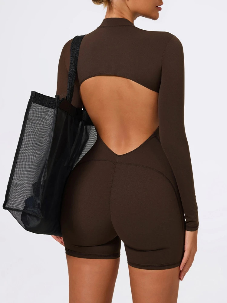 

SsTss однотонный облегающий комбинезон для йоги для женщин, модный комбинезон с круглым вырезом и длинными рукавами на молнии, облегающий комбинезон с открытой спиной для тренировок и фитнеса