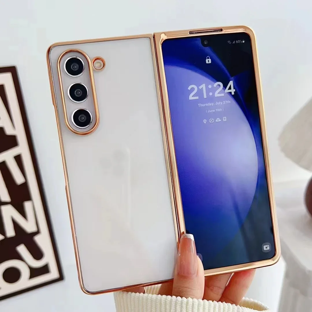 Luxury Plating Clear Phone Case for Samsung Galaxy Z Fold 6 4 5 3 5G Fold Buckle Link Transparent HardCover Anti-knock Case