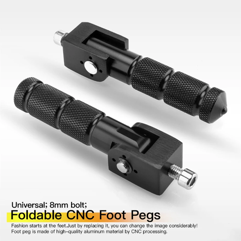 2 Pcs M8 Universal Motorcycle Motor Bike Folding Footrests Footpegs Foot Rests Pegs Rear Pedals Set CNC Aluminum Accessories