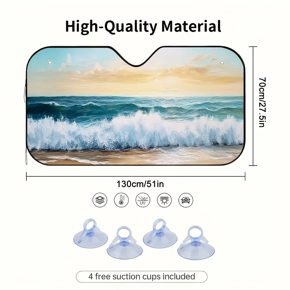 

Beach Sunrise Ocean Waves Car Sunshade - White 2D Flat Design, 4 Suction Cups, Foldable & Easy Install, Fit For Cars, SUVs, Truc