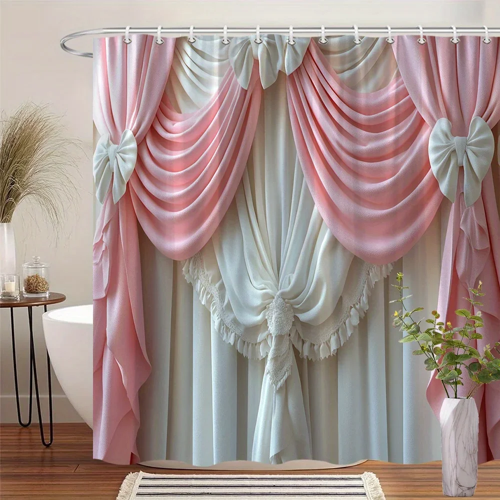 Elegant White & Pink Satin Shower Curtain - Lace Detailing, Floral Trim & Satin Bows,  12 Hooks, Perfect Moving Gift