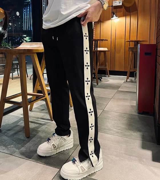 

Летние модные спортивные свободные брюки прямого кроя для мужчин с тканым поясом и полосками, трендовые брендовые удобные брюки свободного кроя