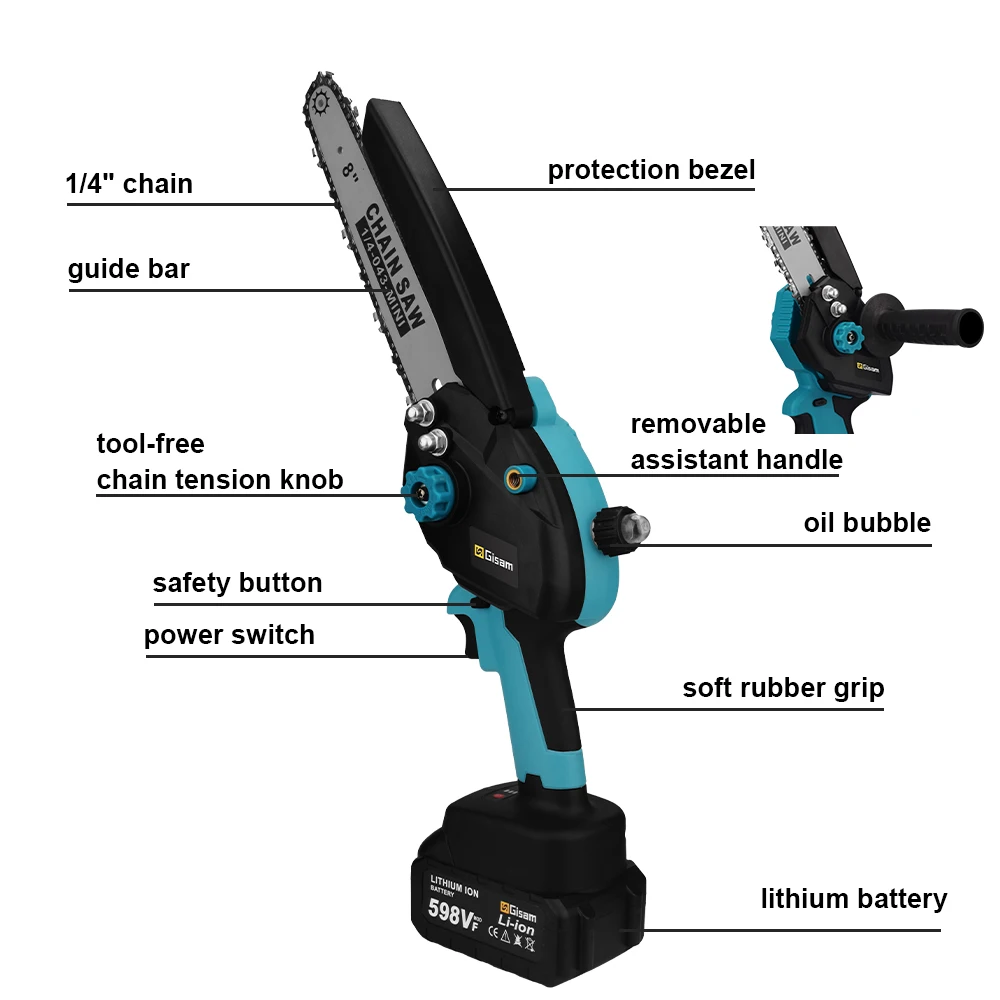 Gisam 8 Inch Brushless Electric Chainsaw Oiler Electric Pruning Saw Woodworking Garden Power Tools Compatible Makita 18V Battery