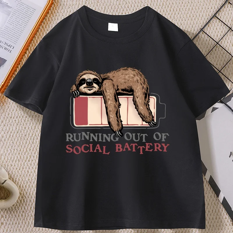 Running Out of Social Battery Sloth T Shirt Man Woman Funny Graphic T Shirts Casual Round Neck Printed Short Sleeve Male