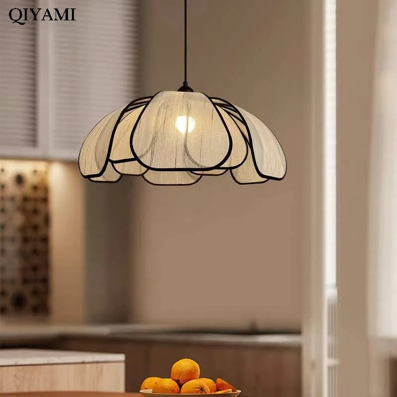 Solid Wood Medieval Fabric Chandelier Petal Tea Room Dining Table Lamp Wabi-sabi Style Retro Bedroom Dining Room Chandelier