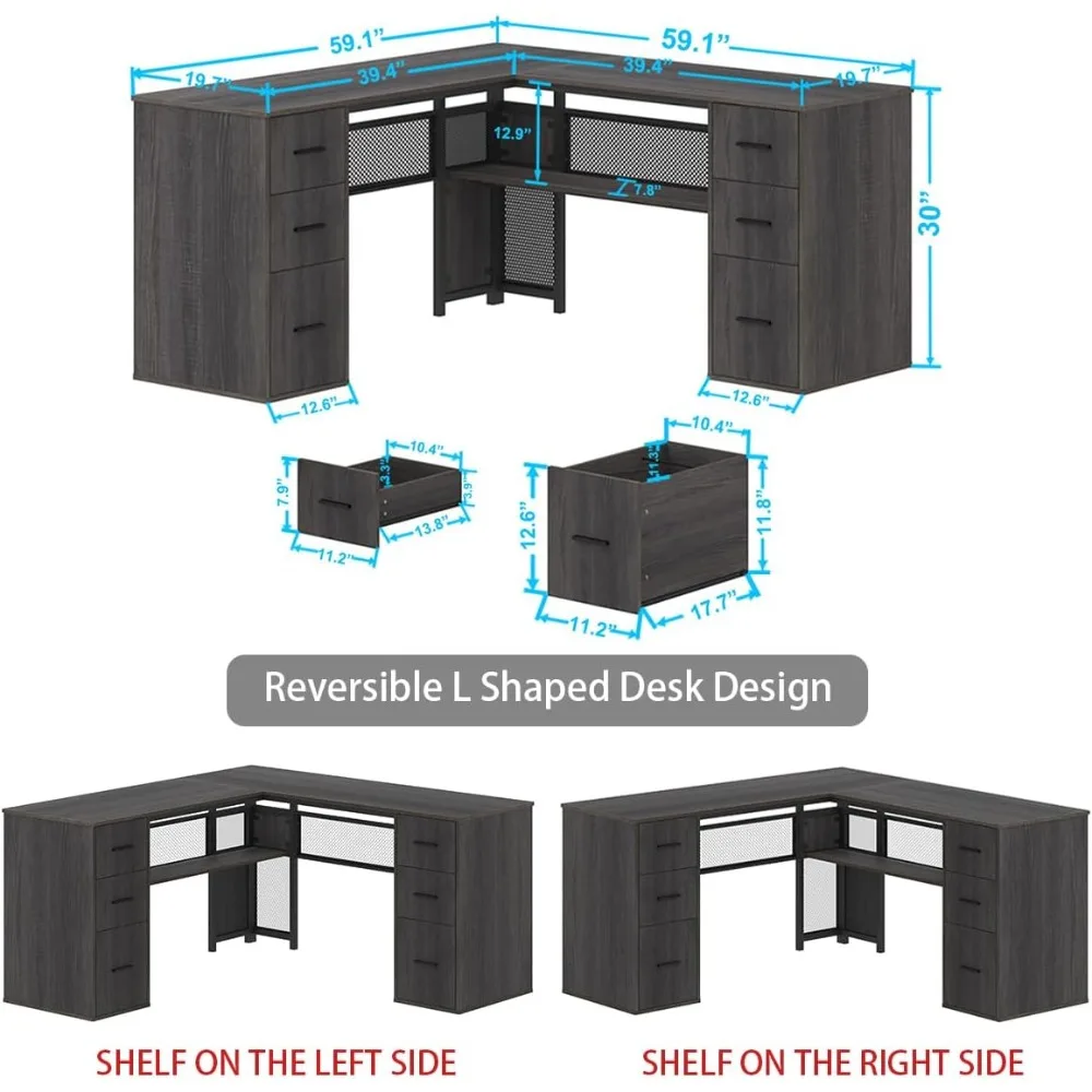 Mesa de escritório em canto em forma de L com gavetas, grande mesa de computador com prateleiras de armário de arquivo de armazenamento, mesa de escritório