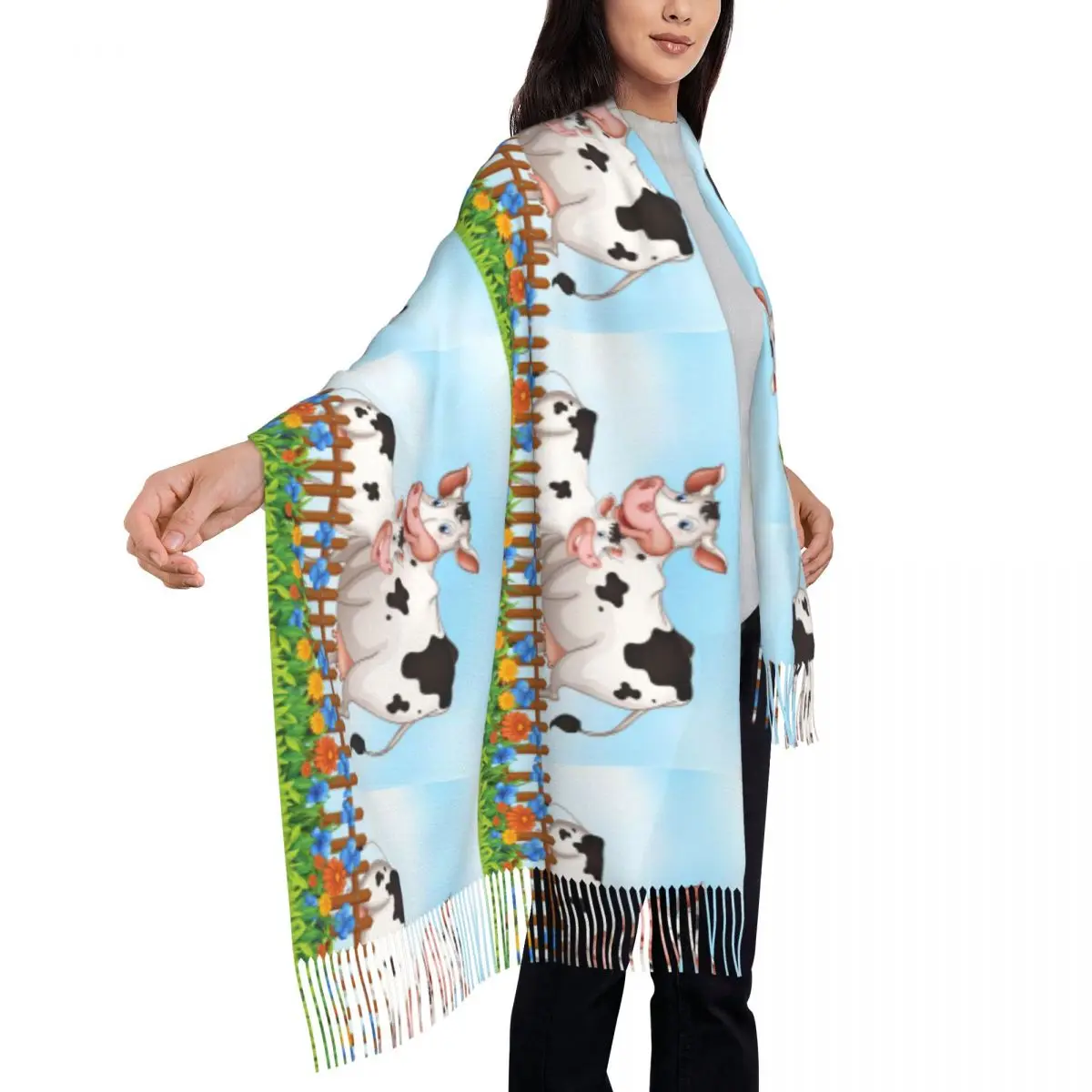Cow Print Scarf Wrap for Women Long Winter Fall Warm Tassel Shawl Unisex Anima Skin Texture Scarves