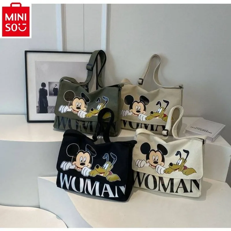 MINISO Disney Mickey Cute Print High Quality Canvas Bag for Students to Learn Large Capacity Storage and Study Crossbody Bag